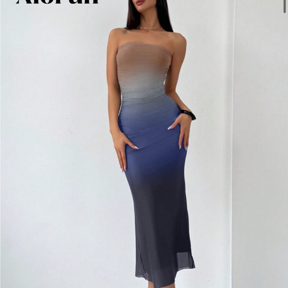 SHEIN Gradient Strapless Midi Dress - Brown and Blue